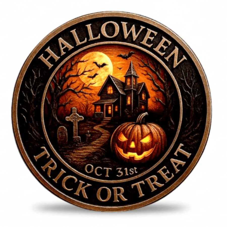 A circular Halloween-themed decorative coin with a spooky haunted-house scene, a glowing jack-o'-lantern, bats, bare trees, and the text 'HALLOWEEN TRICK OR TREAT' and 'OCT 31st' on a white background.