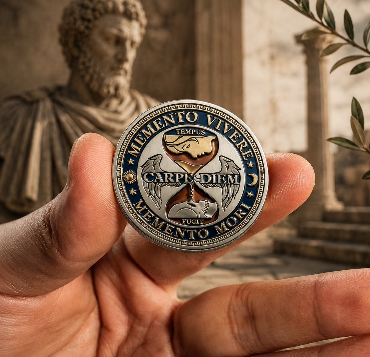 Hand holding a Memento Mori stoic challenge coin featuring Carpe Diem hourglass artwork against a blurred classical Roman-inspired background with statue and columns.