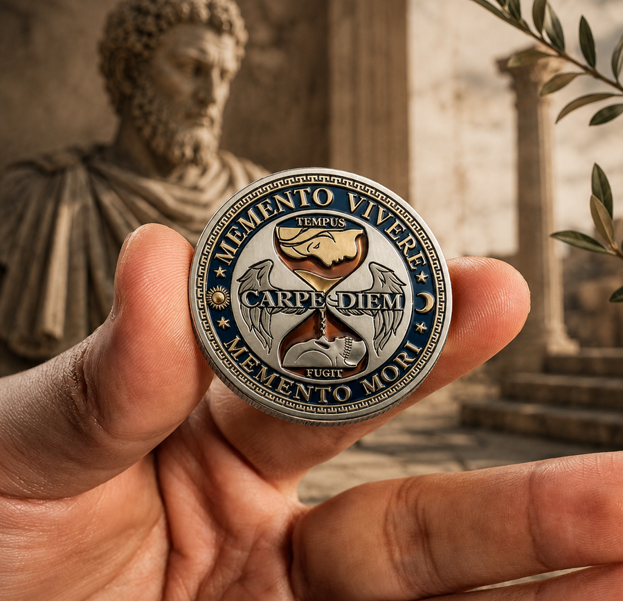 Hand holding a Memento Mori stoic challenge coin featuring Carpe Diem hourglass artwork against a blurred classical Roman-inspired background with statue and columns.