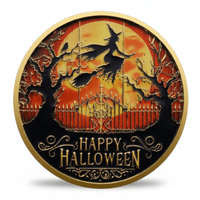 A round Halloween-themed decorative  coin with a gold-toned border, featuring a witch riding a broomstick in front of bare trees and a gate, with the words “HAPPY HALLOWEEN” at the bottom.