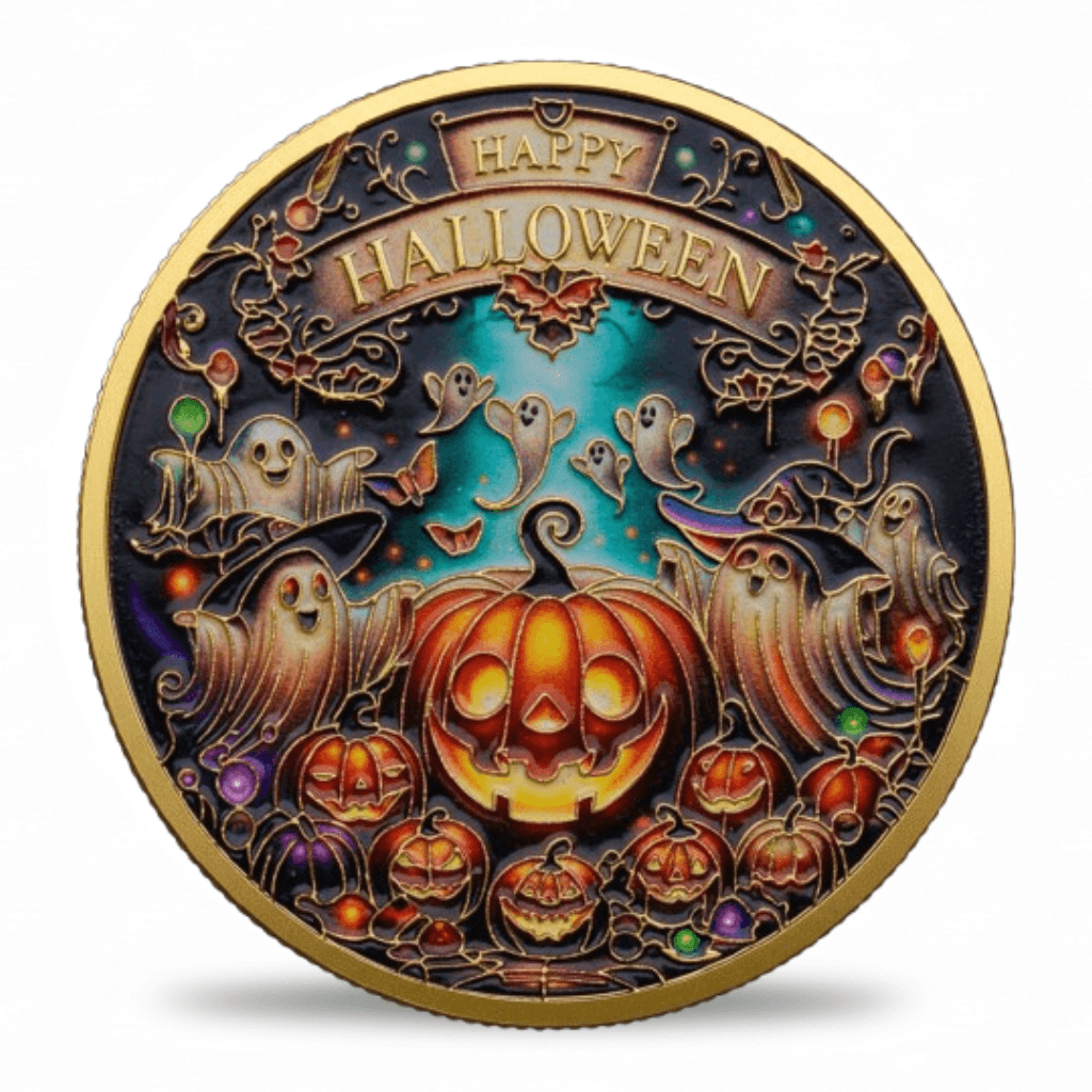 A round Halloween-themed decorative coin with a gold-toned border, featuring a carved pumpkin, ghosts, bats, and the words “Happy Halloween” on a dark illustrated background. Available at One more coin store