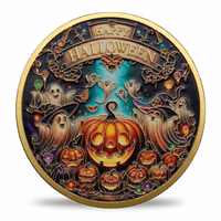 A round Halloween-themed decorative coin with a gold-toned border, featuring a carved pumpkin, ghosts, bats, and the words “Happy Halloween” on a dark illustrated background. Available at One more coin store