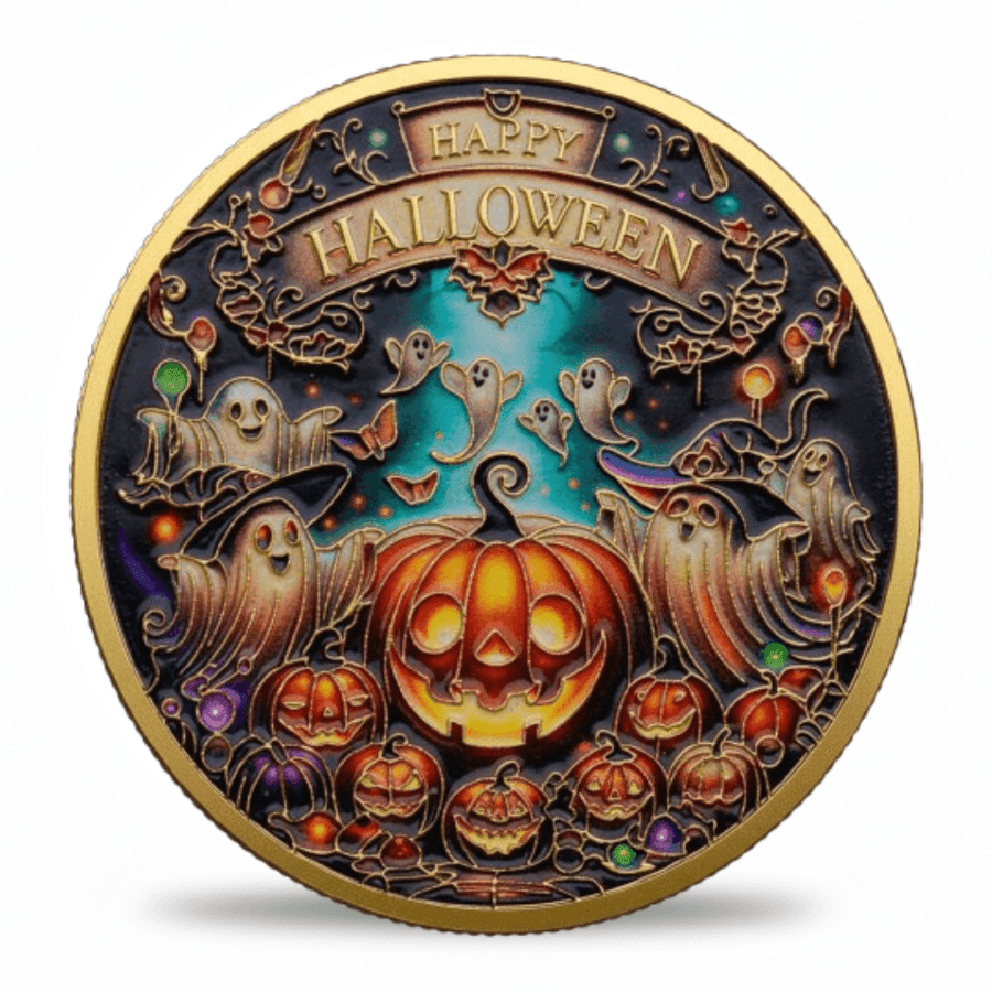 A round Halloween-themed decorative coin with a gold-toned border, featuring a carved pumpkin, ghosts, bats, and the words “Happy Halloween” on a dark illustrated background. Available at One more coin store