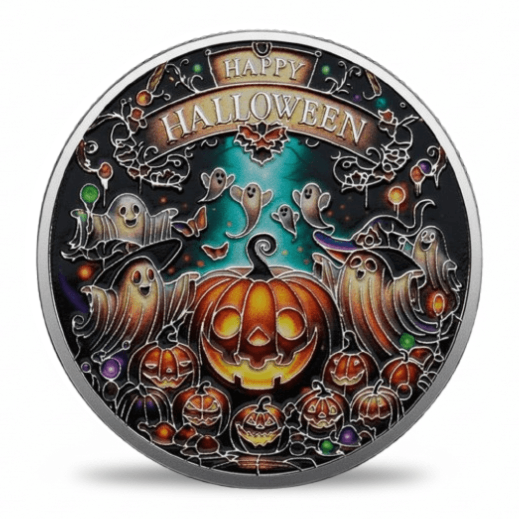 A round Halloween-themed coin with a silver-toned rim, featuring a central glowing jack-o'-lantern surrounded by ghosts, bats, spiderwebs, and the words “HAPPY HALLOWEEN” on a black illustrated background.