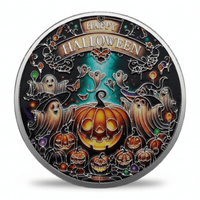 A round Halloween-themed coin with a silver-toned rim, featuring a central glowing jack-o'-lantern surrounded by ghosts, bats, spiderwebs, and the words “HAPPY HALLOWEEN” on a black illustrated background.