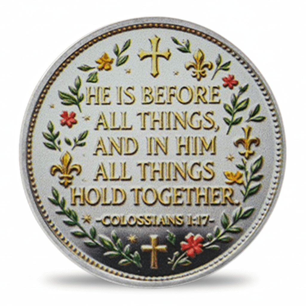 A round silver-toned religious medallion featuring the Bible verse Colossians 1:17, 'HE IS BEFORE ALL THINGS, AND IN HIM ALL THINGS HOLD TOGETHER,' with gold lettering, green leafy branches, and red floral accents.