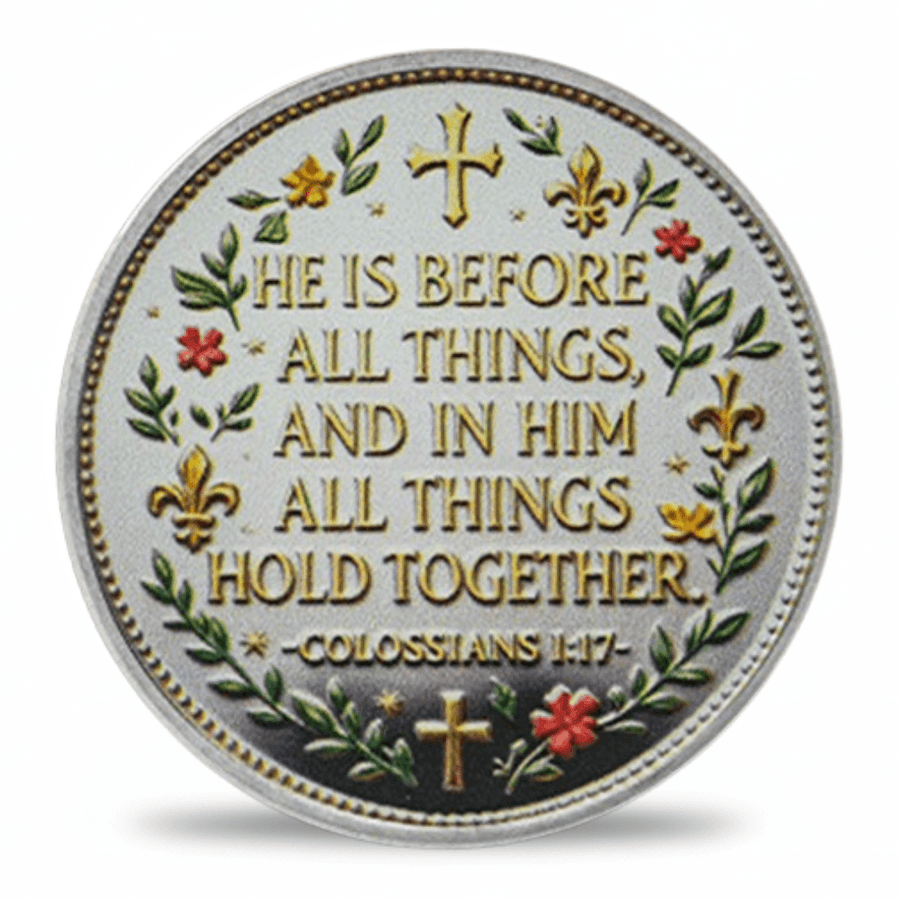 A round silver-toned religious medallion featuring the Bible verse Colossians 1:17, 'HE IS BEFORE ALL THINGS, AND IN HIM ALL THINGS HOLD TOGETHER,' with gold lettering, green leafy branches, and red floral accents.
