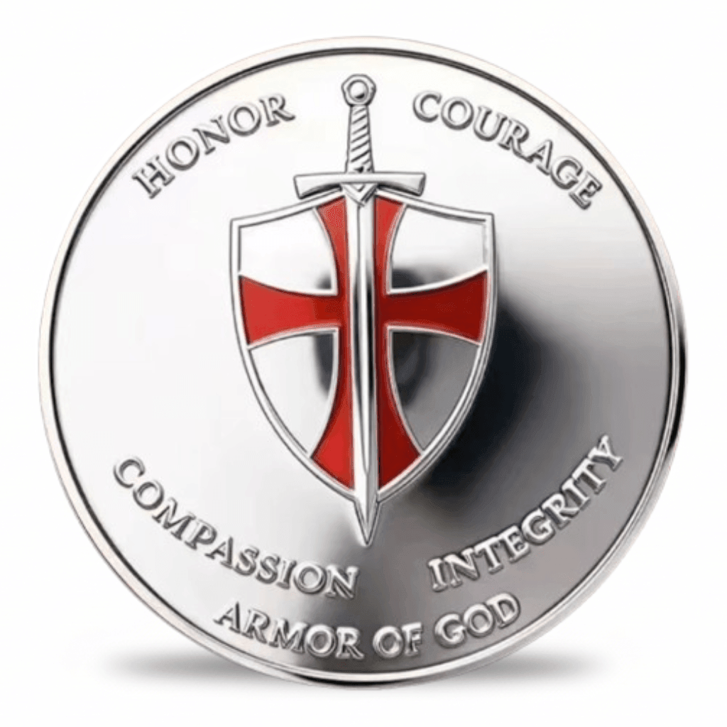 A round silver-toned commemorative coin featuring a central shield with a red cross and a vertical sword. The words HONOR, COURAGE, COMPASSION, INTEGRITY, and ARMOR OF GOD are engraved around the border.