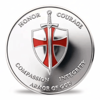 A round silver-toned commemorative coin featuring a central shield with a red cross and a vertical sword. The words HONOR, COURAGE, COMPASSION, INTEGRITY, and ARMOR OF GOD are engraved around the border.