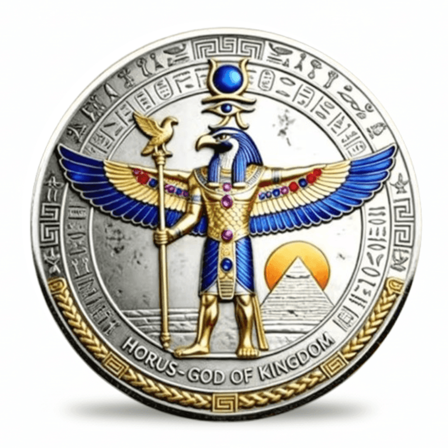 A circular collectible coin featuring an Egyptian Horus-God of Kingdom design, with a silver-toned background, gold and blue enamel details, and hieroglyphic inscriptions. Available at one more coin store.
