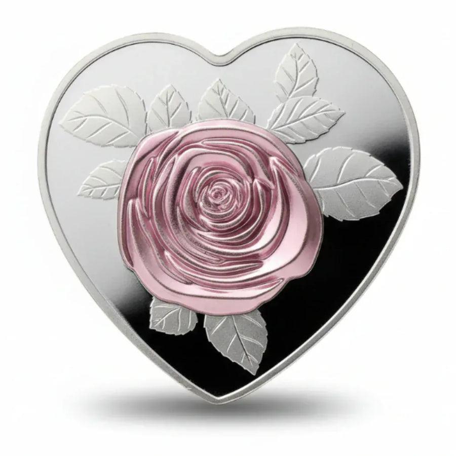 I Love You heart rose coin commemorative collectible heart-shaped 3D pink rose multilingual love inscriptions romantic Valentine collectible token available at One More Coin store
