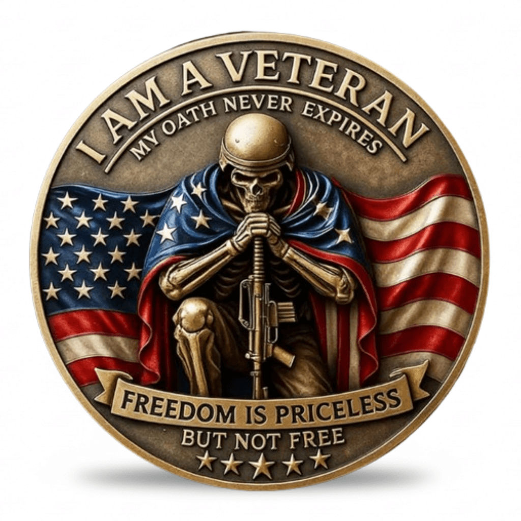 A round bronze-toned commemorative coin Featuring a kneeling skeleton soldier in a helmet with an American flag draped behind him. The text reads “I AM A VETERAN,” “MY OATH NEVER EXPIRES,” “FREEDOM IS PRICELESS BUT NOT FREE,” and stars along the bottom edge. Available at one more coin store.