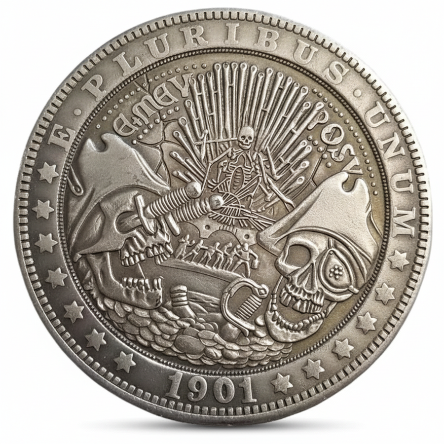 Iron Throne skull coin with sword blades and dragon skull 1901 carved dark fantasy art available at One More Coin store
