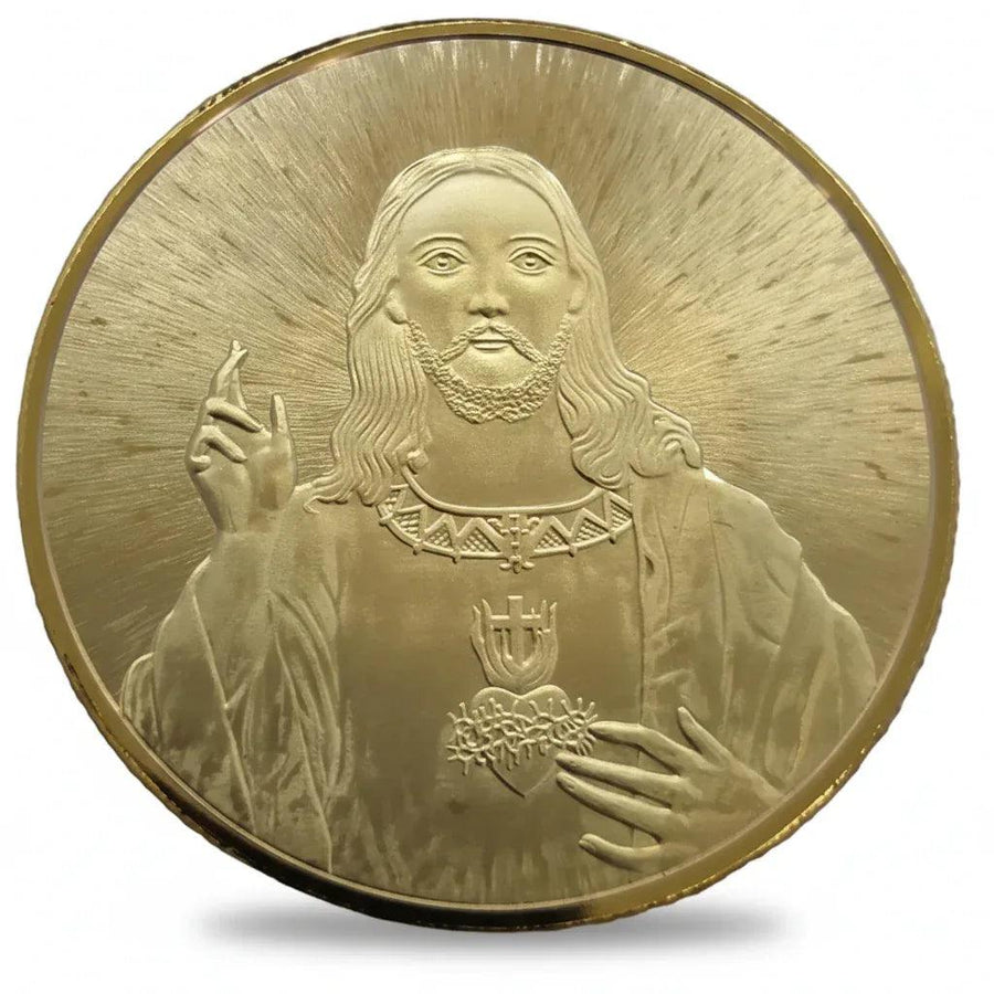 Jesus Sacred Heart Nativity coin commemorative collectible religious Christian faith sunburst rays manger scene collectible token available at One More Coin store
