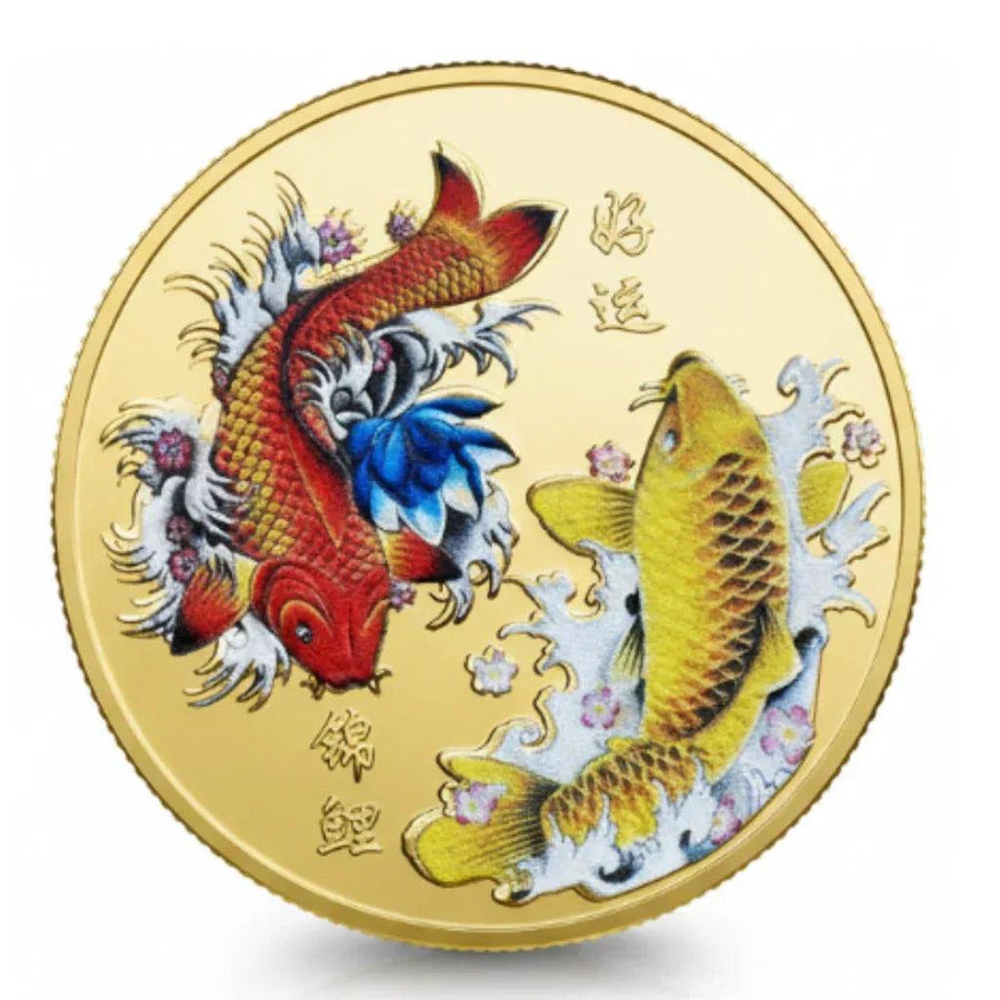 Koi fish fortune coin collectible token Chinese zodiac colorized enamel feng shui prosperity gift for collectors available at One More Coin store
