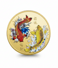 Premium 40mm gold koi fish fortune coin with colorized red and yellow koi, water splashes, Chinese characters on white background
