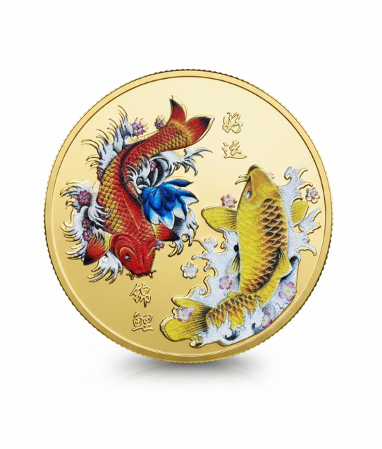 Premium 40mm gold koi fish fortune coin with colorized red and yellow koi, water splashes, Chinese characters on white background

