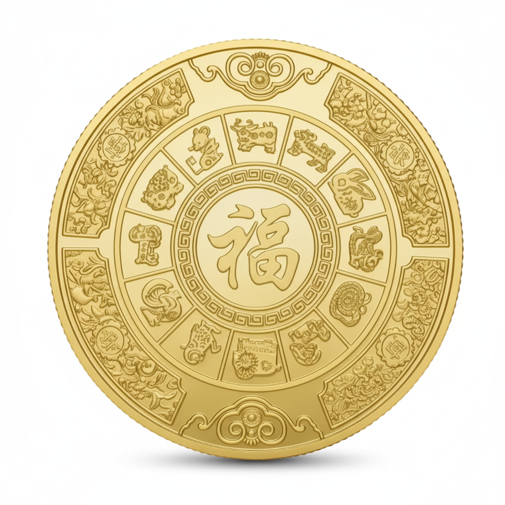 Premium 40mm gold coin reverse featuring 12 Chinese zodiac animals surrounding fortune character on white background

