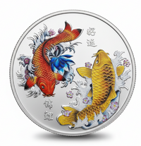 Premium 40mm silver koi fish fortune coin with colorized red and yellow koi, water splashes, Chinese characters on white background
