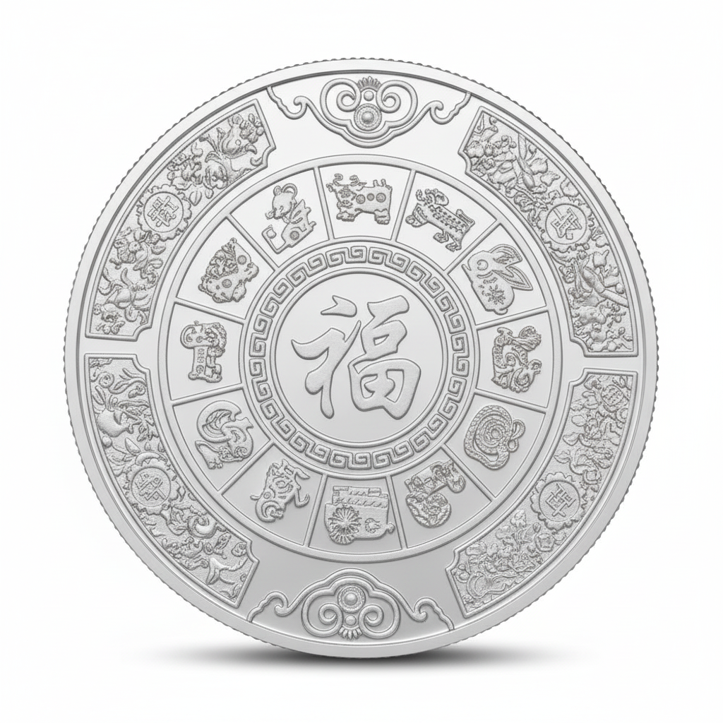 Premium 40mm silver coin reverse featuring 12 Chinese zodiac animals surrounding fortune character on white background
