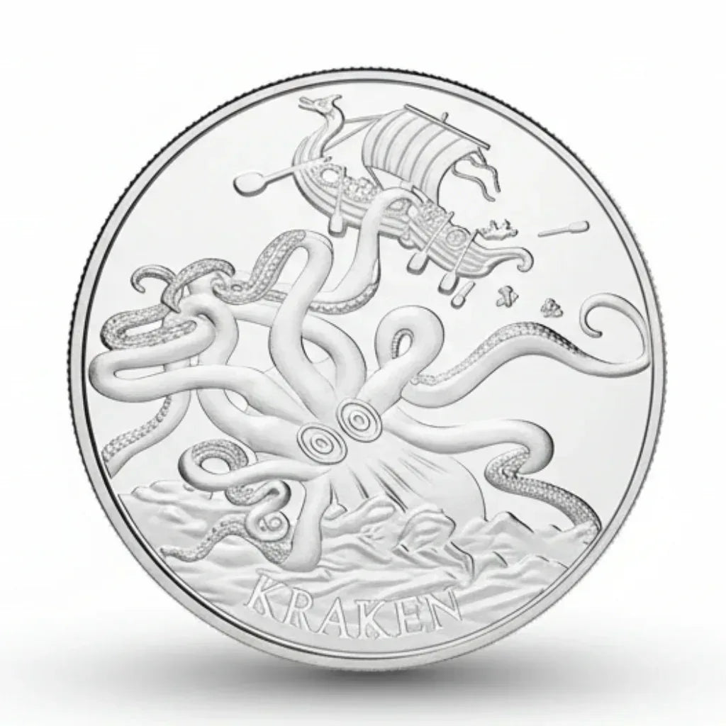 Kraken attacking Viking ship collectible coin Norse mythology sea monster tentacles longship gift for collectors available at One More Coin store
