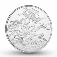 Kraken attacking Viking ship collectible coin Norse mythology sea monster tentacles longship gift for collectors available at One More Coin store

