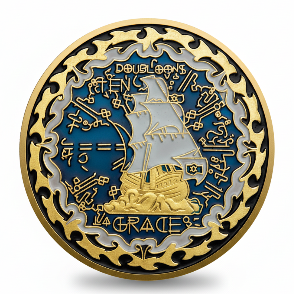 La Grace pirate coin reverse featuring white sailing ship with 10 Doubloons text on blue enamel background