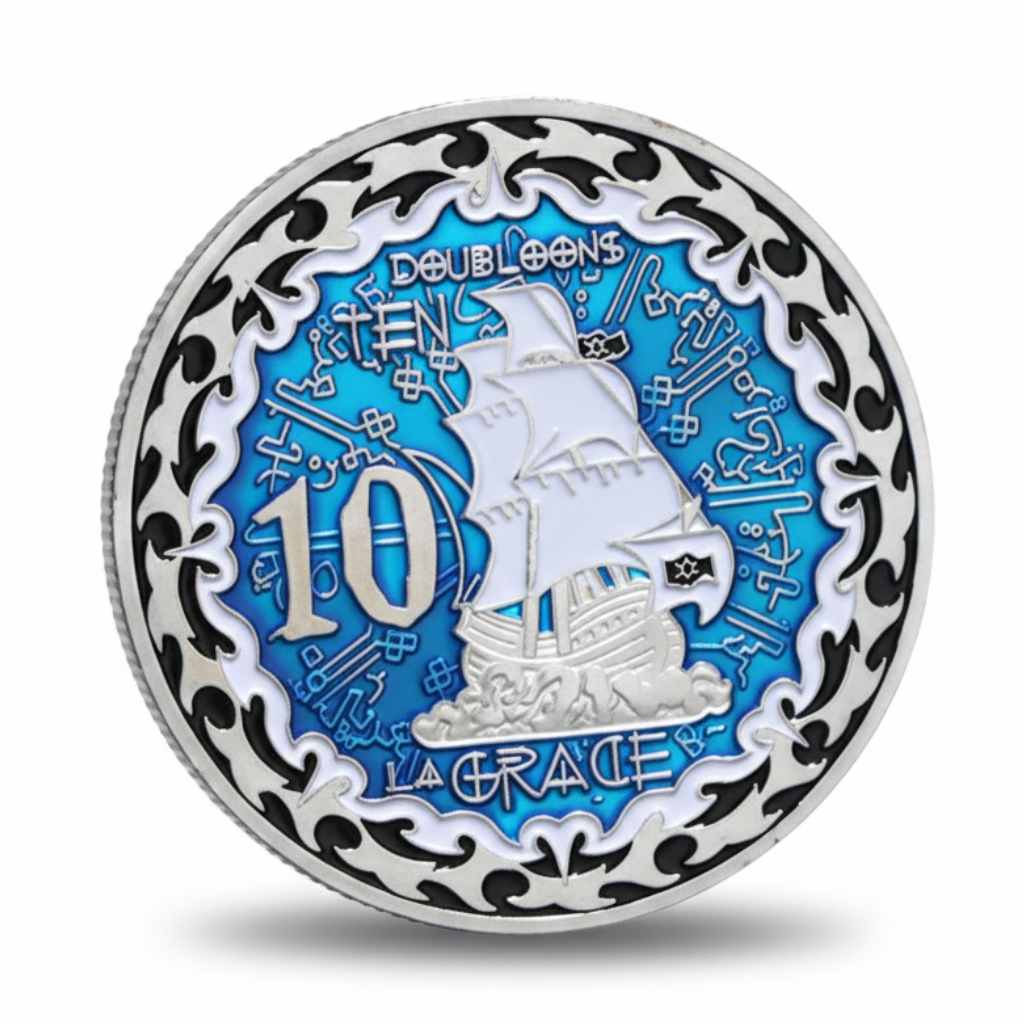 La Grace pirate coin reverse featuring white sailing ship with 10 Endless text on blue enamel background