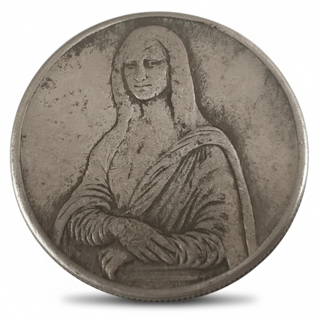 Antique silver coin reverse featuring engraved Mona Lisa portrait with enigmatic smile, folded hands, Renaissance clothing, 35mm historic collectible

