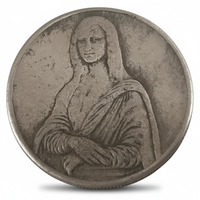 Antique silver coin reverse featuring engraved Mona Lisa portrait with enigmatic smile, folded hands, Renaissance clothing, 35mm historic collectible
