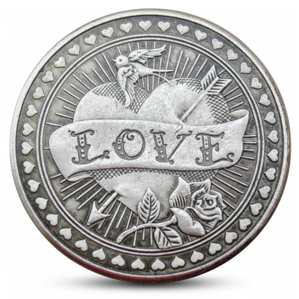 Love hate double-sided coin commemorative collectible heart dove rose daggers serpent skulls duality philosophy novelty collectible token available at One More Coin store
