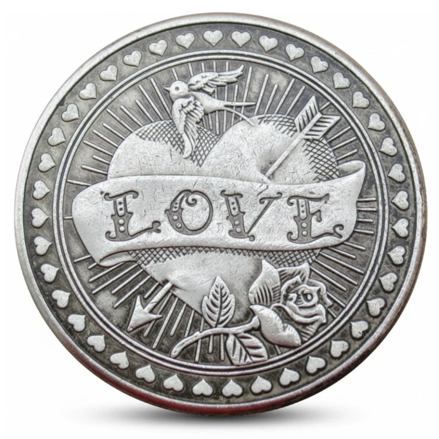 Love hate double-sided coin commemorative collectible heart dove rose daggers serpent skulls duality philosophy novelty collectible token available at One More Coin store
