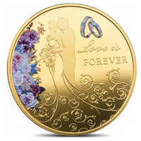 Love is Forever wedding coin gold commemorative collectible bride groom silhouette pink roses wedding rings multilingual love romantic collectible token available at One More Coin store
