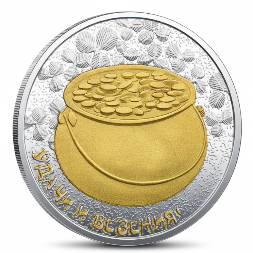 Lucky pot of gold coin commemorative collectible shamrocks Celtic pattern Irish folklore leprechaun novelty collectible token available at One More Coin store
