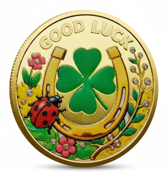 Lucky seven clover coin commemorative collectible four-leaf clover ladybug good luck charm novelty fortune collectible token available at One More Coin store
