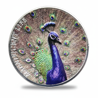 Premium 40mm colorized peacock coin with vibrant blue and green enamel, spread tail feathers, Cook Islands 2022 commemorative on white background
