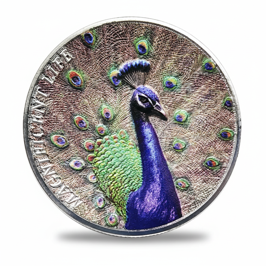 Premium 40mm colorized peacock coin with vibrant blue and green enamel, spread tail feathers, Cook Islands 2022 commemorative on white background
