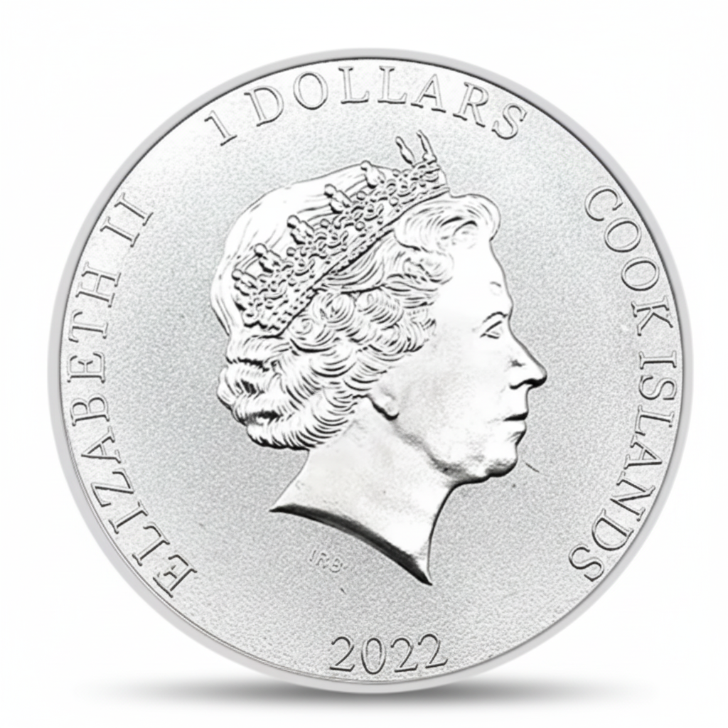 Premium 40mm silver coin reverse featuring Queen Elizabeth II portrait, Cook Islands 1 Dollar 2022 inscription on white background
