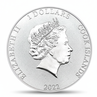 Premium 40mm silver coin reverse featuring Queen Elizabeth II portrait, Cook Islands 1 Dollar 2022 inscription on white background
