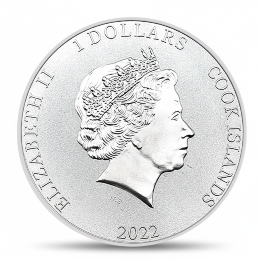 Premium 40mm silver coin reverse featuring Queen Elizabeth II portrait, Cook Islands 1 Dollar 2022 inscription on white background
