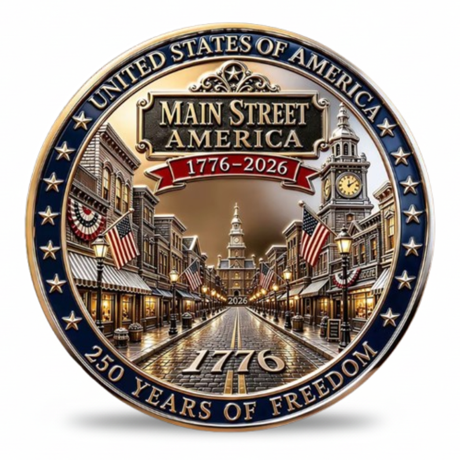 Main Street America 250th anniversary commemorative collectible coin cobblestone street Independence Hall American flags 1776 2026 available at One More Coin store
