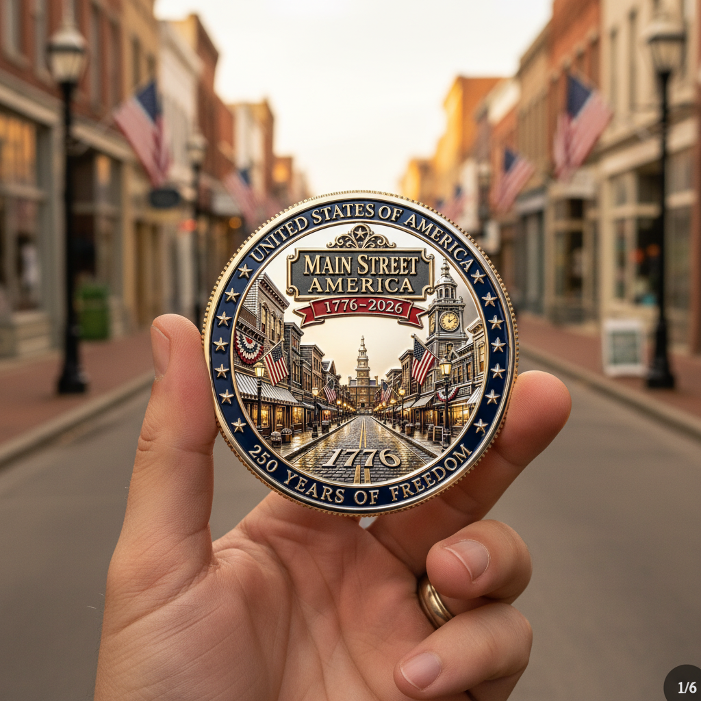 Main Street America 250th anniversary commemorative collectible coin held in hand cobblestone street scene American flags small-town USA 
