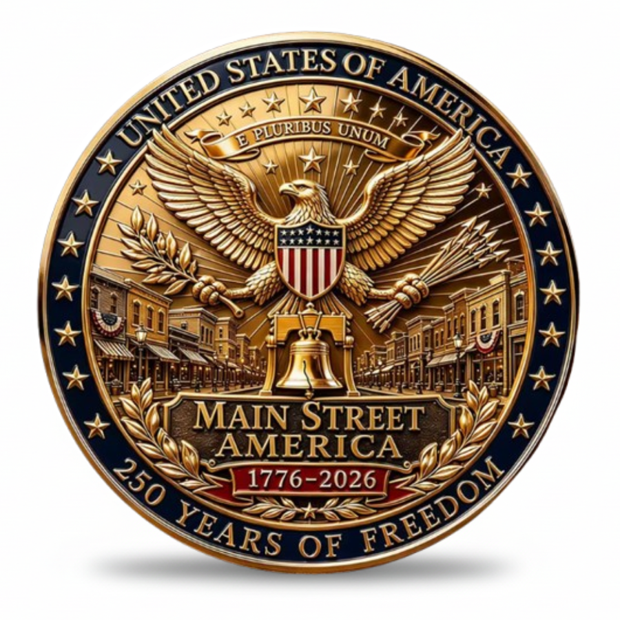 Main Street America 250th anniversary commemorative collectible coin Great Seal eagle Liberty Bell E Pluribus Unum gold relief patriotic collectible token
