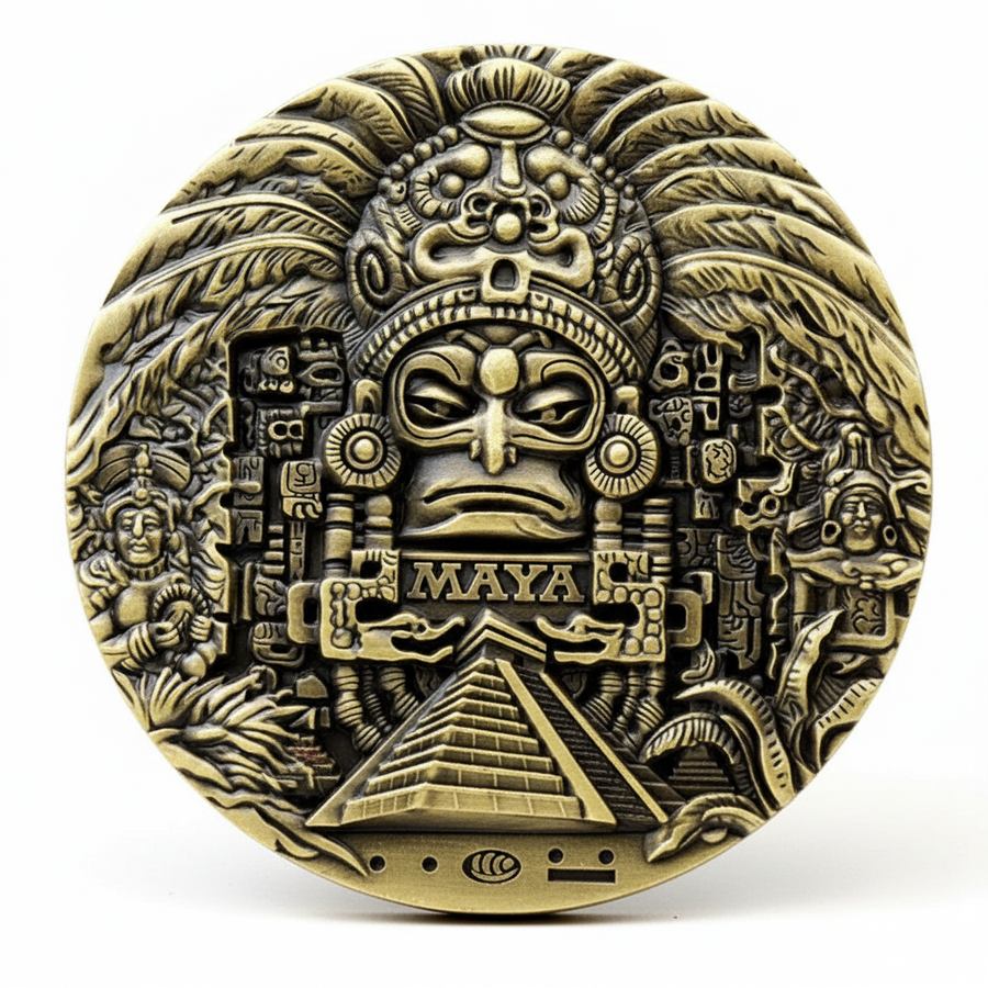 Mayan calendar bronze coin commemorative collectible sun stone Aztec glyphs deity mask ancient Mesoamerican 80mm collectible token available at One More Coin store
