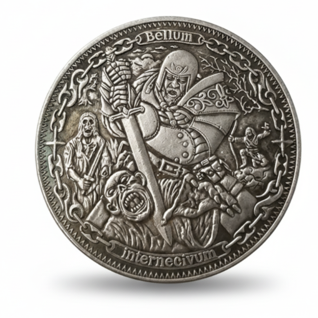 Medieval battle knight hobo coin collectible token skeletons flames Gothic fantasy war art gift for collectors available at One More Coin store
