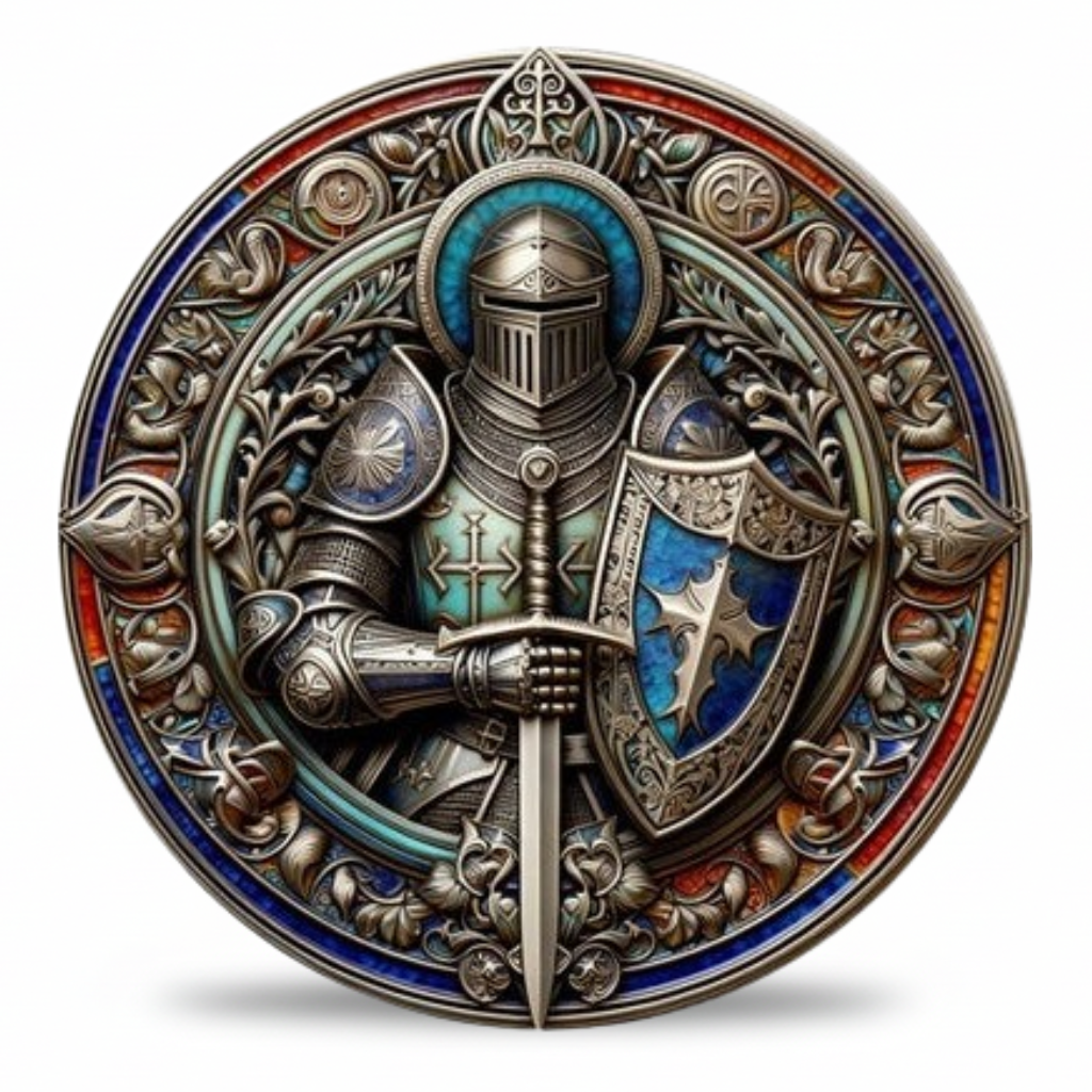 Medieval Knight armoured full plate sword heraldic shield stained glass enamel border commemorative collectible coin chivalry crusader collectible token available at One More Coin store
