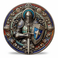 Medieval Knight armoured full plate sword heraldic shield stained glass enamel border commemorative collectible coin chivalry crusader collectible token available at One More Coin store
