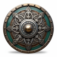 Celtic round shield bronze boss interlaced knotwork teal enamel riveted border commemorative collectible coin medieval warrior collectible token
