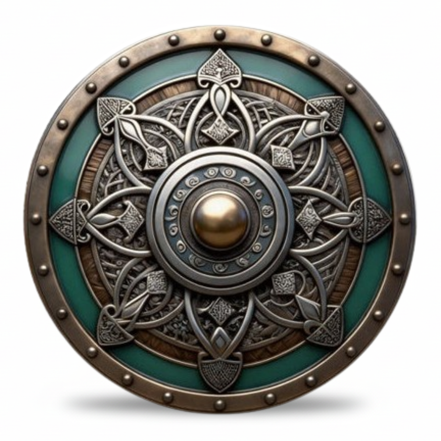 Celtic round shield bronze boss interlaced knotwork teal enamel riveted border commemorative collectible coin medieval warrior collectible token
