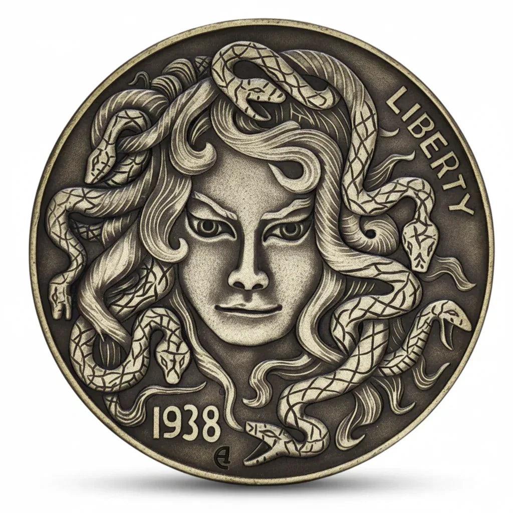 Medusa hobo nickel coin collectible Greek mythology Gorgon serpent hair brass antique gift for collectors available at One More Coin store
